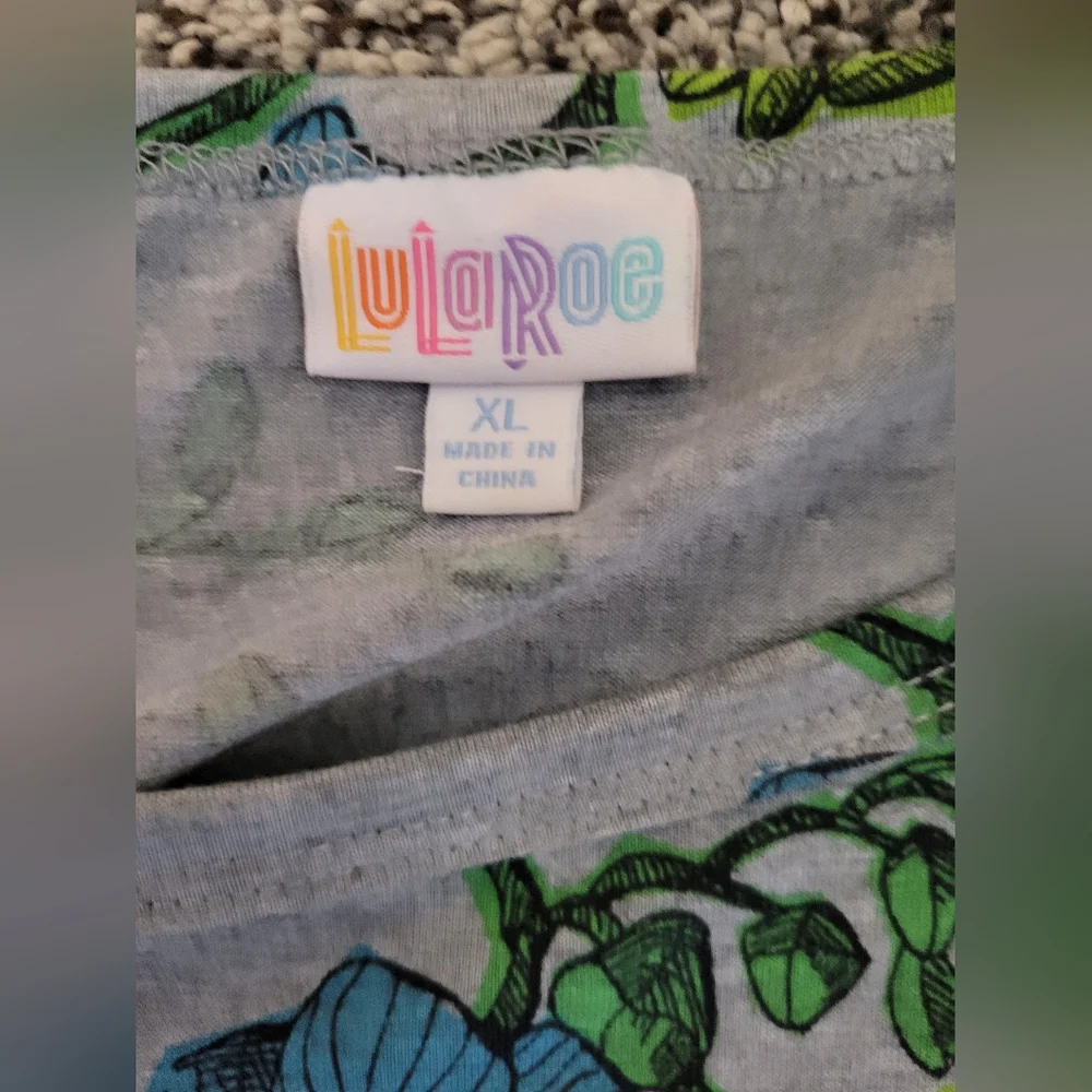 LuLaRoe Blue and Green Floral And Grey Short Sleeve Midi Dress - Picture 2 of 4